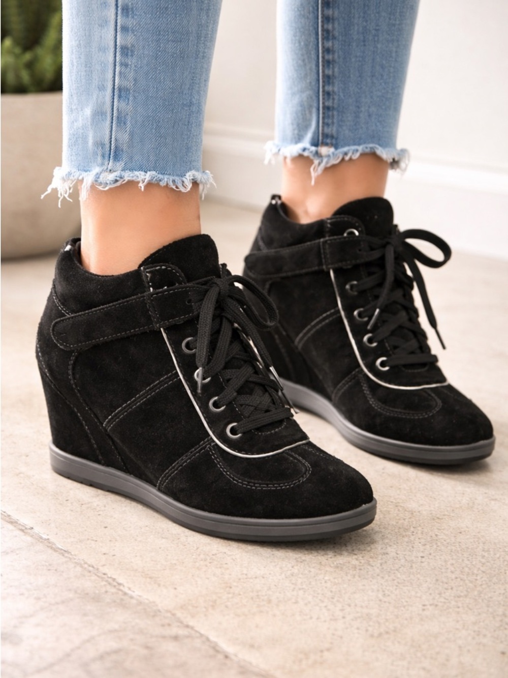 Geox Black Suede Lace-Up Wedge Sneakers with Ankle Strap